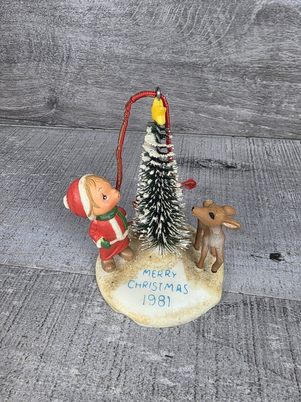 Hallmark Betsey Clark Ornament Bottle Brush Tree Child Deer 1981 Christmas 168c6
